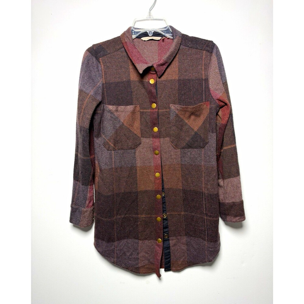 Soft Surroundings Women’s S Brown/Burgundy/Gray Plaid Flannel Button Up Shacket